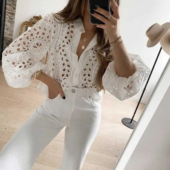 Boho White Eyelet Button Down Cropped Shirt - Picture 1 of 6